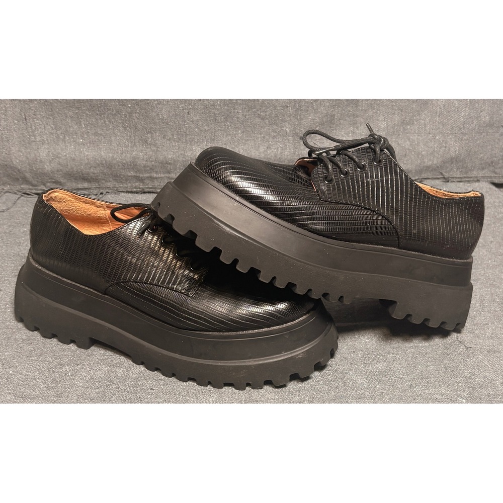 ASOS DESIGN Womens Black Lizard Embossed Chunky Platform Lug Sole Oxfords Size 9